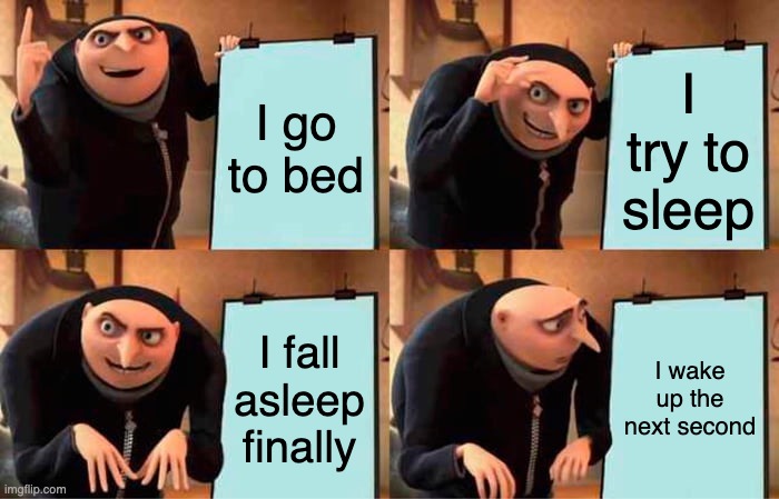 Gru's Plan | I go to bed; I try to sleep; I fall asleep finally; I wake up the next second | image tagged in memes,gru's plan | made w/ Imgflip meme maker