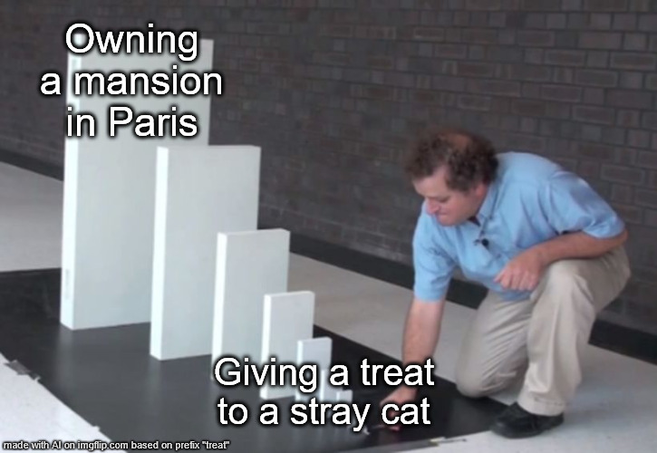 that's really the sweetest meme ever | Owning a mansion in Paris; Giving a treat to a stray cat | image tagged in domino effect,cat,paris,salvation,care,______ | made w/ Imgflip meme maker