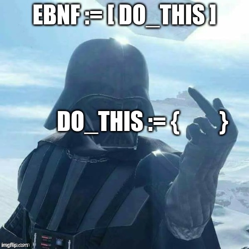 TITLE := { missing | lazy poster | discarded  | DO_THIS } | EBNF := [ DO_THIS ]; DO_THIS := {         } | image tagged in darth vader flips you off | made w/ Imgflip meme maker