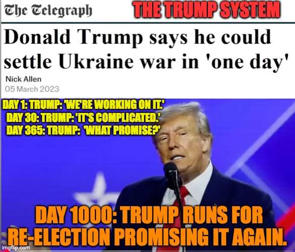 Trump Promises | THE TRUMP SYSTEM; DAY 1: TRUMP: 'WE'RE WORKING ON IT.'
DAY 30: TRUMP: 'IT'S COMPLICATED.'
DAY 365: TRUMP:  'WHAT PROMISE?'; DAY 1000: TRUMP RUNS FOR RE-ELECTION PROMISING IT AGAIN. | image tagged in donald trump,promises,maga,republican,right wing,conservatives | made w/ Imgflip meme maker