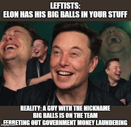 Elon got his big balls in your stuff | LEFTISTS:
ELON HAS HIS BIG BALLS IN YOUR STUFF; REALITY: A GUY WITH THE NICKNAME BIG BALLS IS ON THE TEAM FERRETING OUT GOVERNMENT MONEY LAUNDERING | image tagged in elon musk laughing | made w/ Imgflip meme maker