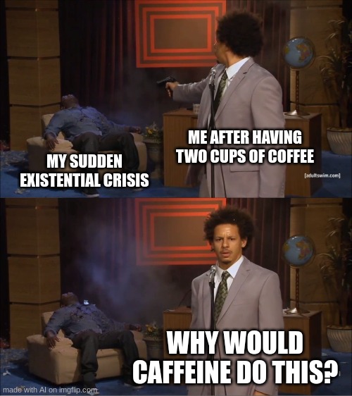 Why, caffine???? | ME AFTER HAVING TWO CUPS OF COFFEE; MY SUDDEN EXISTENTIAL CRISIS; WHY WOULD CAFFEINE DO THIS? | image tagged in memes,who killed hannibal | made w/ Imgflip meme maker