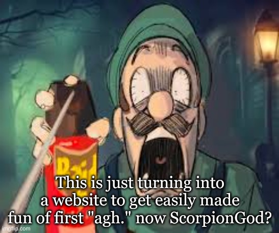 Shouldn't we be better than this? | This is just turning into a website to get easily made fun of first "agh." now ScorpionGod? | image tagged in luigi screaming | made w/ Imgflip meme maker