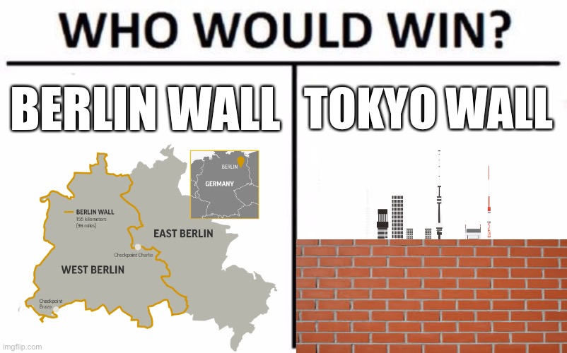 Berlin Wall Vs Tokyo Wall | BERLIN WALL; TOKYO WALL | image tagged in memes,who would win,berlin,tokyo,maps,map | made w/ Imgflip meme maker