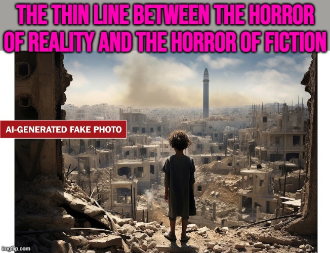 The Thin Line Between The Horror Of Reality And The Horror Of Fiction | THE THIN LINE BETWEEN THE HORROR OF REALITY AND THE HORROR OF FICTION | image tagged in ai-generated fake photo of little child in gaza - be skeptical,horror,palestine,genocide,middle east,propaganda | made w/ Imgflip meme maker