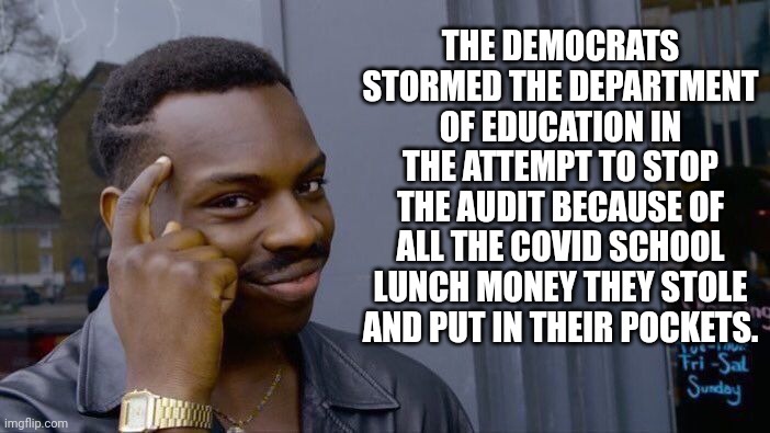 DoE audit | THE DEMOCRATS STORMED THE DEPARTMENT OF EDUCATION IN THE ATTEMPT TO STOP THE AUDIT BECAUSE OF ALL THE COVID SCHOOL LUNCH MONEY THEY STOLE AND PUT IN THEIR POCKETS. | image tagged in roll safe think about it,doe,democrats,fraud,embezzlement,criminal | made w/ Imgflip meme maker