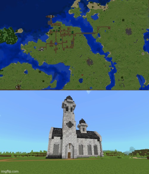 Some progress made on Port Oakwood (The church was made by tutorial link will be in comments.) | image tagged in minecraft | made w/ Imgflip meme maker