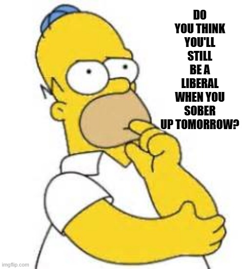 Do you think you'll still be a liberal when you sober up tomorrow? | DO YOU THINK YOU'LL STILL BE A LIBERAL WHEN YOU SOBER UP TOMORROW? | image tagged in homer simpson hmmmm,political meme,liberalism,drunken liberals,democrat lunacy,dei | made w/ Imgflip meme maker