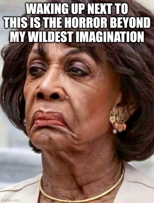 Maxine Waters | WAKING UP NEXT TO THIS IS THE HORROR BEYOND MY WILDEST IMAGINATION | image tagged in maxine waters | made w/ Imgflip meme maker