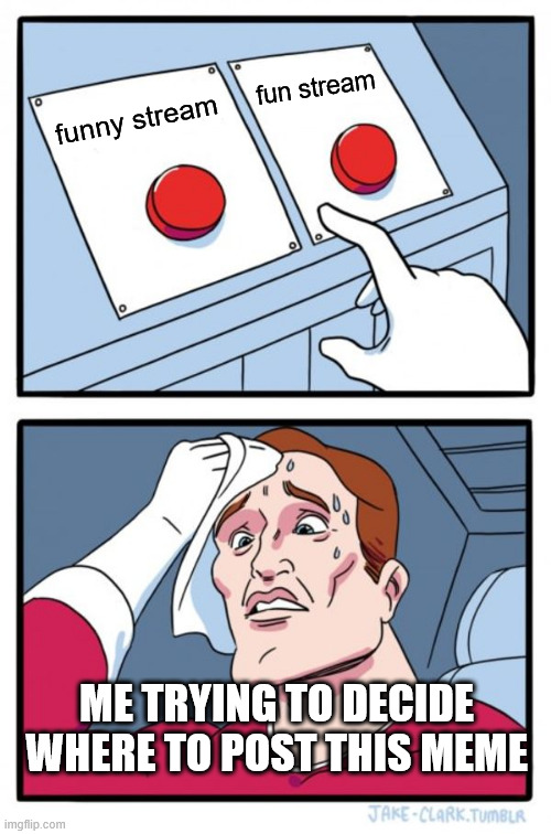 Two Buttons | fun stream; funny stream; ME TRYING TO DECIDE WHERE TO POST THIS MEME | image tagged in memes,two buttons | made w/ Imgflip meme maker