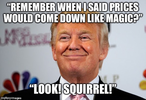 Driven to Distraction | “REMEMBER WHEN I SAID PRICES WOULD COME DOWN LIKE MAGIC?”; “LOOK! SQUIRREL!” | image tagged in donald trump approves | made w/ Imgflip meme maker