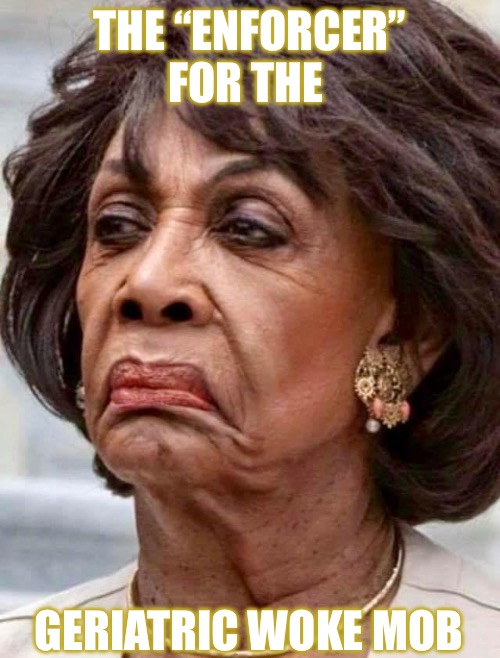 Maxine Geriatric “Enforcer” funny meme | THE “ENFORCER” FOR THE; GERIATRIC WOKE MOB | image tagged in maxine waters,funny memes,unfunny | made w/ Imgflip meme maker