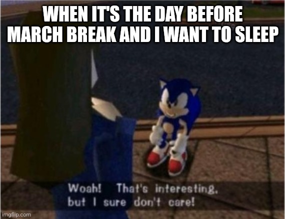 me the night before march break | WHEN IT'S THE DAY BEFORE MARCH BREAK AND I WANT TO SLEEP | image tagged in sonic i dont care,march break memes | made w/ Imgflip meme maker