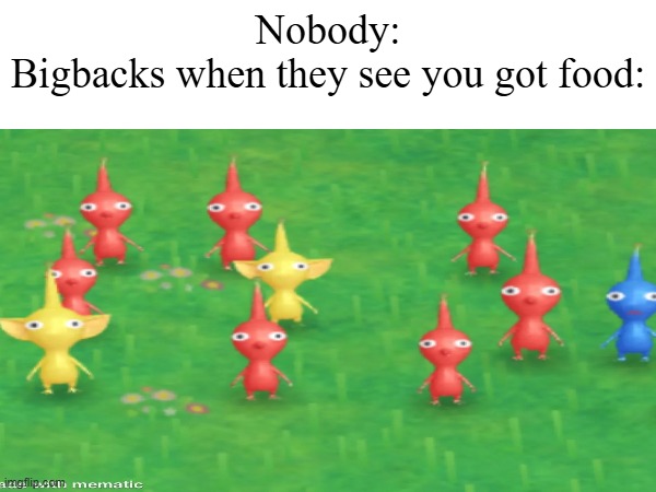 SUBSCRIBE TO XXMEMEGAMERXX SORRY FOR NOT POSTING LOL | Nobody:
Bigbacks when they see you got food: | image tagged in memes,funny,hilarious,lol,pikmin | made w/ Imgflip meme maker