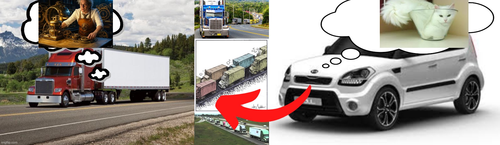 if i fits i sits - traffic version | image tagged in trucker convoy,kia soul,if i fits i sits,traffic,driving | made w/ Imgflip meme maker