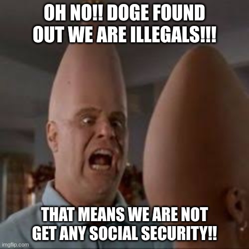 Oh NO!! No Social Security!! | OH NO!! DOGE FOUND OUT WE ARE ILLEGALS!!! THAT MEANS WE ARE NOT GET ANY SOCIAL SECURITY!! | image tagged in coneheads,illegal immigration,doge | made w/ Imgflip meme maker