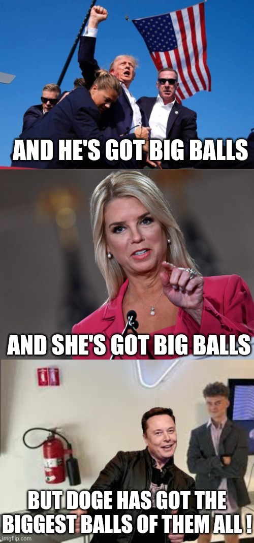 AND HE'S GOT BIG BALLS AND SHE'S GOT BIG BALLS BUT DOGE HAS GOT THE BIGGEST BALLS OF THEM ALL ! | image tagged in trump shot,pam bondi | made w/ Imgflip meme maker