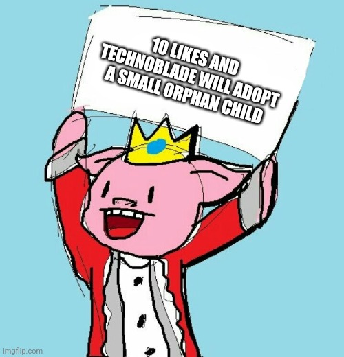 technoblade holding sign | 10 LIKES AND TECHNOBLADE WILL ADOPT A SMALL ORPHAN CHILD | image tagged in technoblade holding sign | made w/ Imgflip meme maker