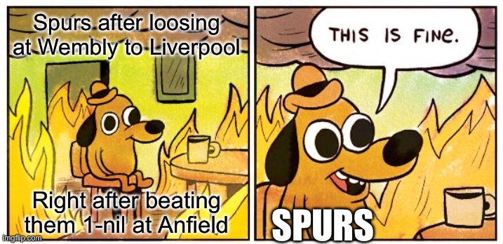 Let the controversy expose them they say… | Spurs after loosing at Wembly to Liverpool; Right after beating them 1-nil at Anfield; SPURS | image tagged in memes,this is fine,funny,spurs | made w/ Imgflip meme maker