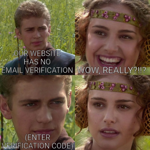 Average Website | OUR WEBSITE HAS NO EMAIL VERIFICATION; WOW, REALLY?!!? (ENTER VERIFICATION CODE) | image tagged in anakin padme 4 panel | made w/ Imgflip meme maker