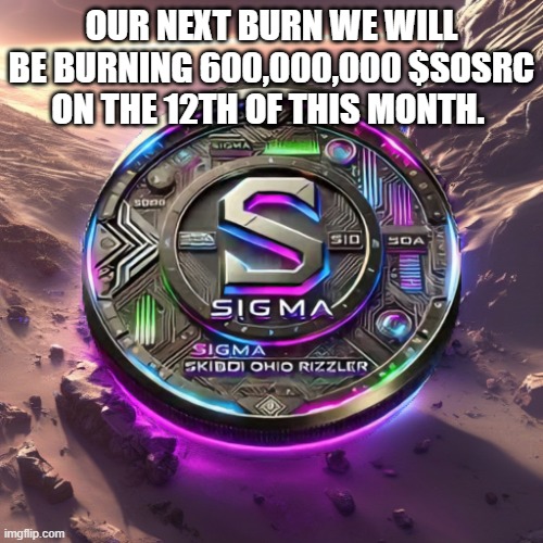 skibidi ohio sigma rizzler coin | OUR NEXT BURN WE WILL BE BURNING 600,000,000 $SOSRC ON THE 12TH OF THIS MONTH. | image tagged in skibidi ohio sigma rizzler coin | made w/ Imgflip meme maker