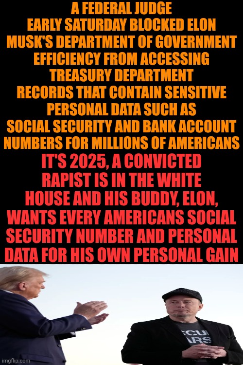 Thank A Maga | A FEDERAL JUDGE EARLY SATURDAY BLOCKED ELON MUSK'S DEPARTMENT OF GOVERNMENT EFFICIENCY FROM ACCESSING TREASURY DEPARTMENT RECORDS THAT CONTAIN SENSITIVE PERSONAL DATA SUCH AS SOCIAL SECURITY AND BANK ACCOUNT NUMBERS FOR MILLIONS OF AMERICANS; IT'S 2025, A CONVICTED RAPIST IS IN THE WHITE HOUSE AND HIS BUDDY, ELON, WANTS EVERY AMERICANS SOCIAL SECURITY NUMBER AND PERSONAL DATA FOR HIS OWN PERSONAL GAIN | image tagged in maga,elon musk,donald trump is a convicted rapist,lock him up,rapist,memes | made w/ Imgflip meme maker
