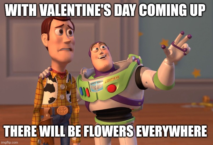 Valentine's Day | WITH VALENTINE'S DAY COMING UP; THERE WILL BE FLOWERS EVERYWHERE | image tagged in memes,x x everywhere,funny memes | made w/ Imgflip meme maker