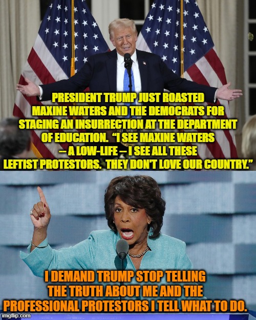 The truth hurts, eh leftists? | PRESIDENT TRUMP JUST ROASTED MAXINE WATERS AND THE DEMOCRATS FOR STAGING AN INSURRECTION AT THE DEPARTMENT OF EDUCATION.  “I SEE MAXINE WATERS -- A LOW-LIFE -- I SEE ALL THESE LEFTIST PROTESTORS.  THEY DON'T LOVE OUR COUNTRY.”; I DEMAND TRUMP STOP TELLING THE TRUTH ABOUT ME AND THE PROFESSIONAL PROTESTORS I TELL WHAT TO DO. | image tagged in yep | made w/ Imgflip meme maker