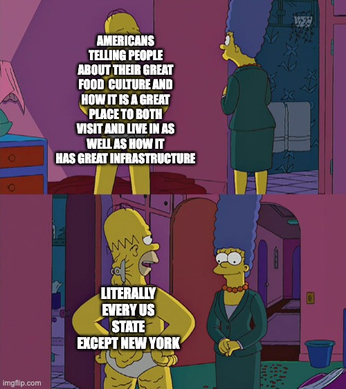 Homer Simpson's Back Fat | AMERICANS TELLING PEOPLE ABOUT THEIR GREAT FOOD  CULTURE AND HOW IT IS A GREAT PLACE TO BOTH VISIT AND LIVE IN AS WELL AS HOW IT HAS GREAT INFRASTRUCTURE; LITERALLY EVERY US STATE EXCEPT NEW YORK | image tagged in homer simpson's back fat,america | made w/ Imgflip meme maker