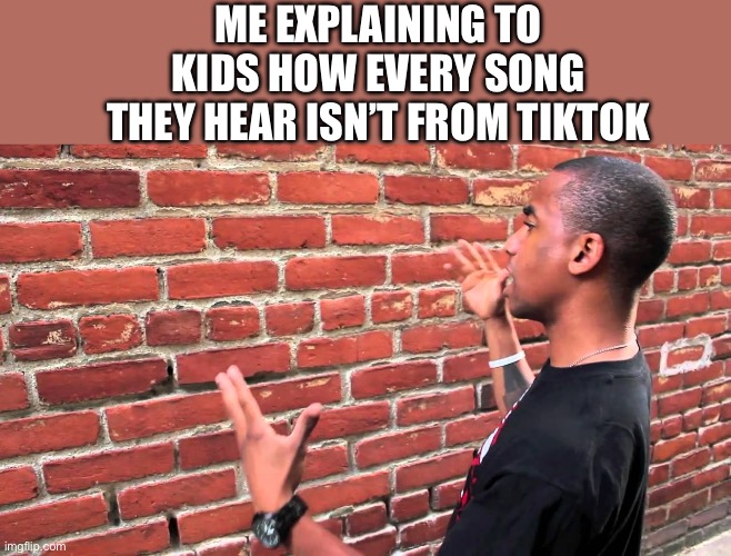 “That song is from tikto-“ GET OU- | ME EXPLAINING TO KIDS HOW EVERY SONG THEY HEAR ISN’T FROM TIKTOK | image tagged in talking to wall | made w/ Imgflip meme maker