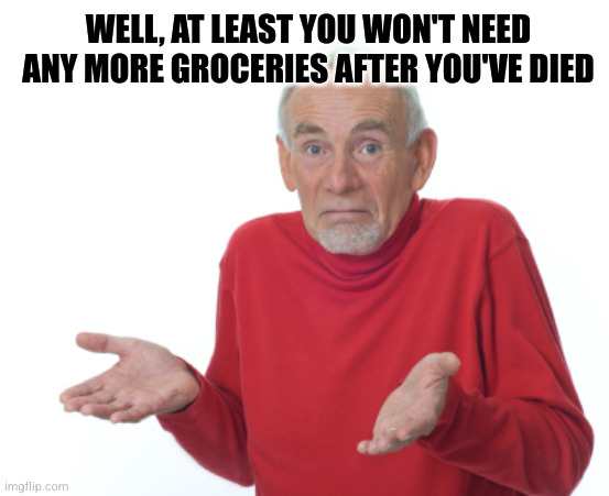 Guess I'll die  | WELL, AT LEAST YOU WON'T NEED ANY MORE GROCERIES AFTER YOU'VE DIED | image tagged in guess i'll die | made w/ Imgflip meme maker