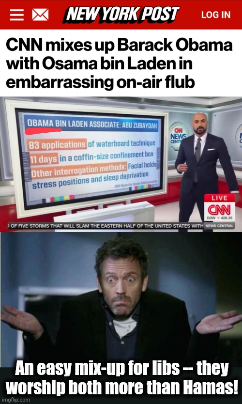 Libs mixing up two of their cultural icons | An easy mix-up for libs -- they
worship both more than Hamas! | image tagged in shrug,cnn,idiots,democrats,osama bin laden,barack obama | made w/ Imgflip meme maker