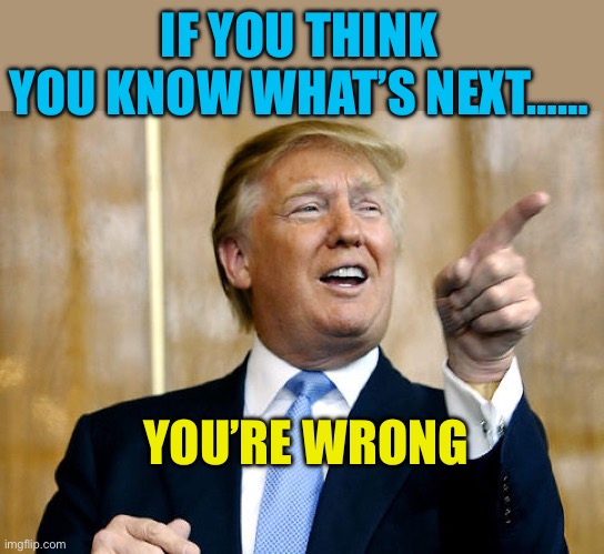 Flooding the zone | IF YOU THINK YOU KNOW WHAT’S NEXT……; YOU’RE WRONG | image tagged in donald trump pointing,president trump,trump cabinet,trump administration,maga | made w/ Imgflip meme maker