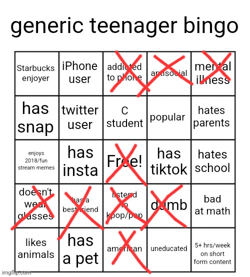 generic teenager bingo | image tagged in generic teenager bingo | made w/ Imgflip meme maker