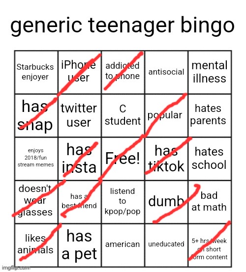 generic teenager bingo | image tagged in generic teenager bingo | made w/ Imgflip meme maker