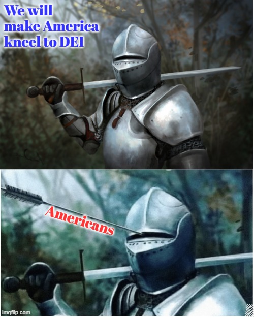 Kneel to DEI | We will make America kneel to DEI; Americans | image tagged in knight with arrow in helmet | made w/ Imgflip meme maker