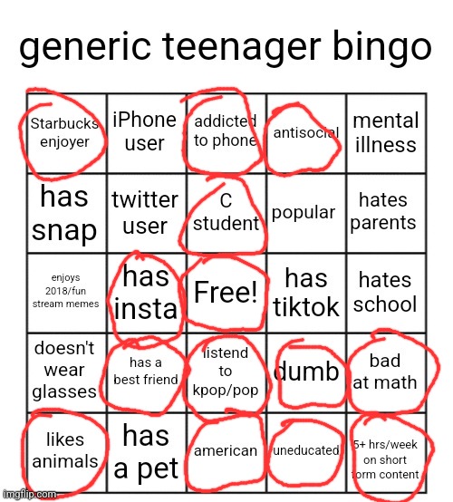 generic teenager bingo | image tagged in generic teenager bingo,memes,relatable,teenagers,life,school | made w/ Imgflip meme maker