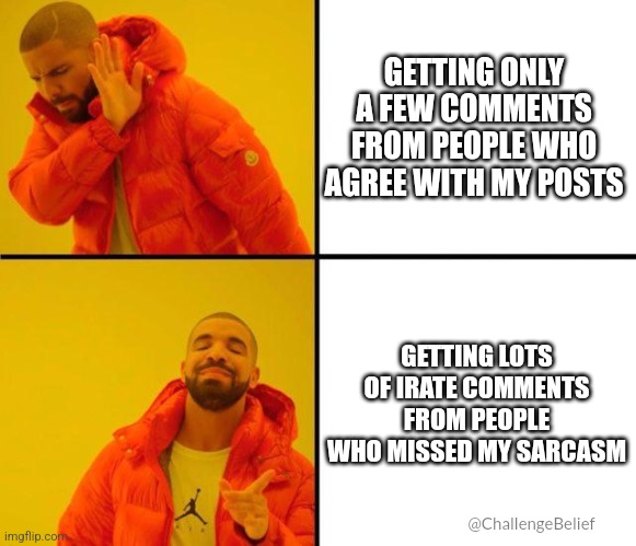 Sarcasm not detected | GETTING ONLY A FEW COMMENTS FROM PEOPLE WHO AGREE WITH MY POSTS; GETTING LOTS OF IRATE COMMENTS FROM PEOPLE WHO MISSED MY SARCASM; @ChallengeBelief | image tagged in drake meme | made w/ Imgflip meme maker