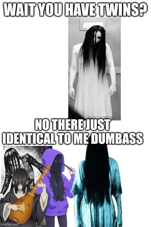 Sadako Being Indetical To Others | WAIT YOU HAVE TWINS? NO THERE JUST IDENTICAL TO ME DUMBASS | image tagged in the ring,demon slayer,zenshu,dandadan,memes,funny | made w/ Imgflip meme maker