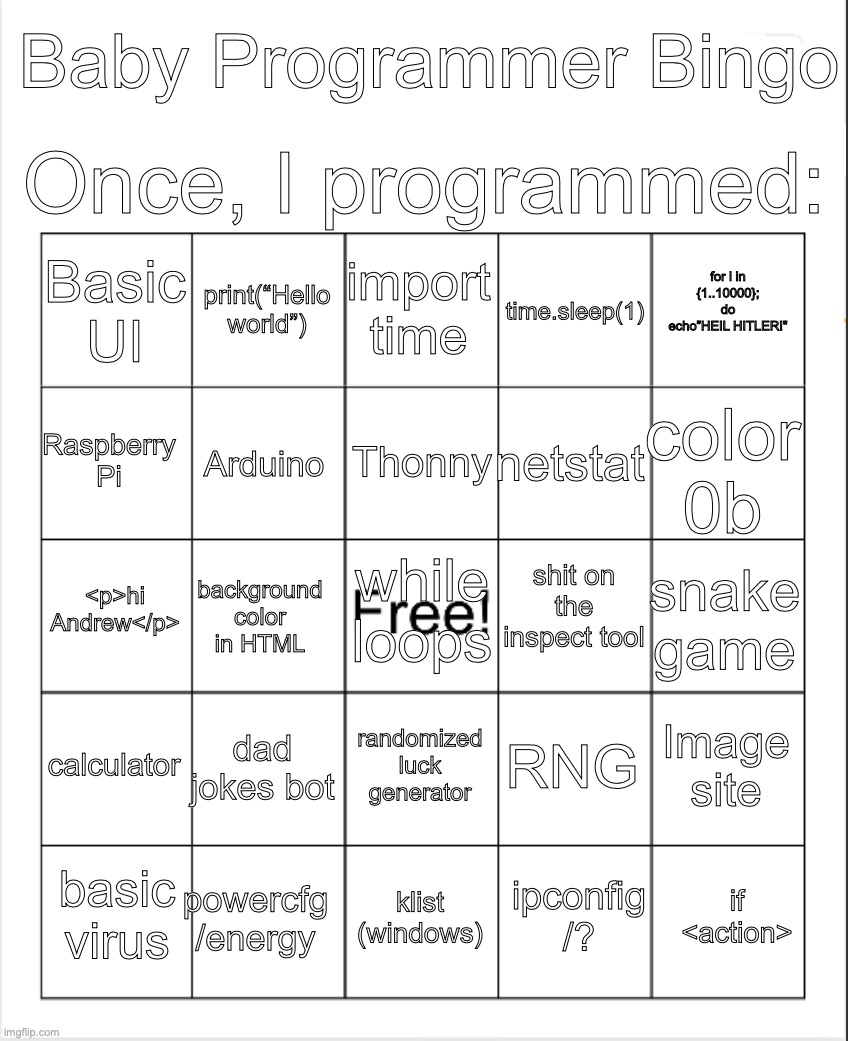 Blank Bingo | Once, I programmed:; Baby Programmer Bingo; import time; print(“Hello world”); for i in {1..10000}; do
echo”HEIL HITLER!"; Basic UI; time.sleep(1); Thonny; Raspberry Pi; color 0b; netstat; Arduino; shit on the inspect tool; <p>hi Andrew</p>; while loops; snake game; background color in HTML; calculator; dad jokes bot; Image site; RNG; randomized luck generator; powercfg /energy; if
<action>; basic virus; klist (windows); ipconfig /? | image tagged in blank bingo | made w/ Imgflip meme maker