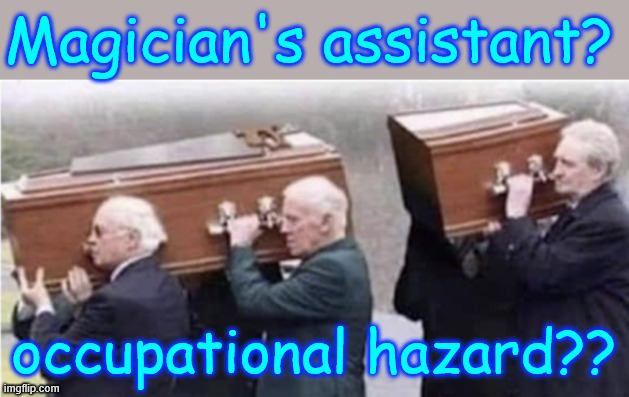 Occupational hazards | Magician's assistant? occupational hazard?? | image tagged in dark humour,occupational hazards | made w/ Imgflip meme maker