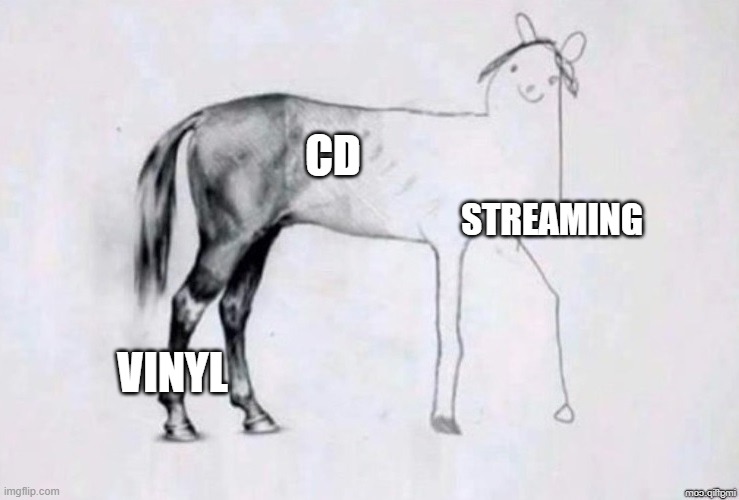 vinyl cd streaming | CD; STREAMING; VINYL | image tagged in horse drawing | made w/ Imgflip meme maker