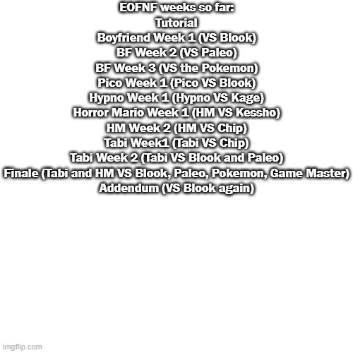 EOFNF Week list.mp3 | EOFNF weeks so far:
Tutorial
Boyfriend Week 1 (VS Blook)
BF Week 2 (VS Paleo)
BF Week 3 (VS the Pokemon)
Pico Week 1 (Pico VS Blook)
Hypno Week 1 (Hypno VS Kage)
Horror Mario Week 1 (HM VS Kessho)
HM Week 2 (HM VS Chip)
Tabi Week1 (Tabi VS Chip)
Tabi Week 2 (Tabi VS Blook and Paleo)
Finale (Tabi and HM VS Blook, Paleo, Pokemon, Game Master)
Addendum (VS Blook again) | image tagged in eofnf | made w/ Imgflip meme maker