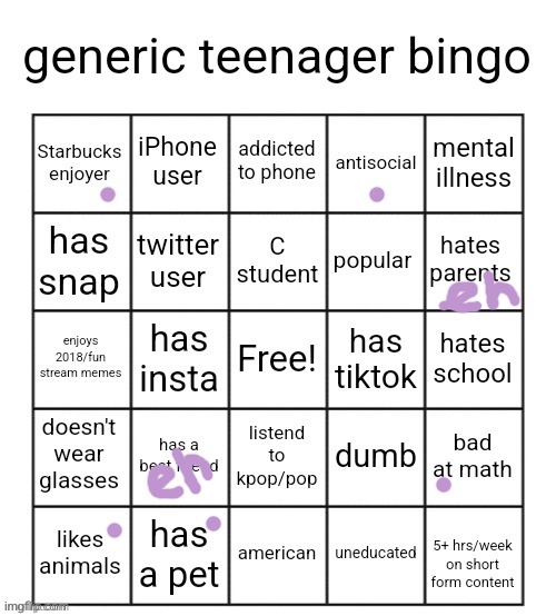 forgot to mark dumb | image tagged in generic teenager bingo | made w/ Imgflip meme maker