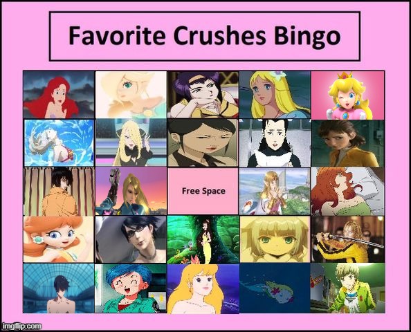 favorite crushes bingo | image tagged in crushes bingo 1,favorites,videogames,anime,movies,the little mermaid | made w/ Imgflip meme maker