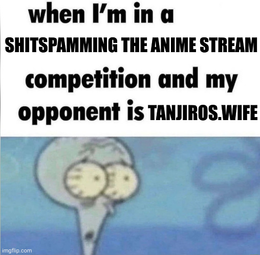 who do you think is going to win? | SHITSPAMMING THE ANIME STREAM; TANJIROS.WIFE | image tagged in whe i'm in a competition and my opponent is | made w/ Imgflip meme maker