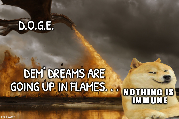 Game of thrones dragon oh yeah  | DEM' DREAMS ARE GOING UP IN FLAMES. . . D.O.G.E. NOTHING IS 
IMMUNE | image tagged in game of thrones dragon oh yeah | made w/ Imgflip meme maker