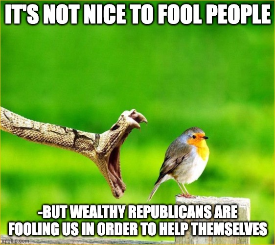 Republican snake | IT'S NOT NICE TO FOOL PEOPLE; -BUT WEALTHY REPUBLICANS ARE FOOLING US IN ORDER TO HELP THEMSELVES | image tagged in snake reality bites | made w/ Imgflip meme maker