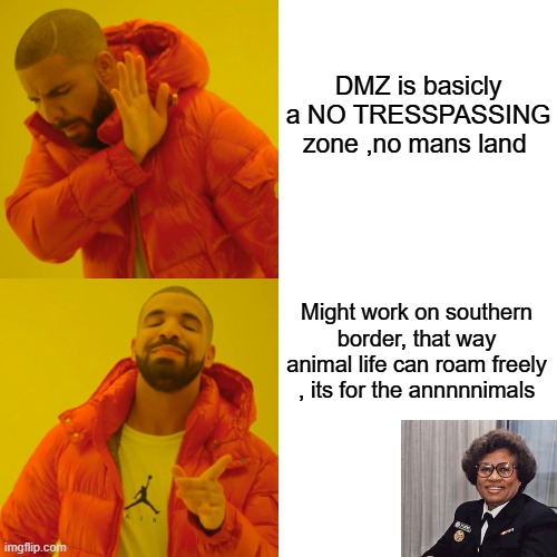 No Pasar | DMZ is basicly a NO TRESSPASSING zone ,no mans land; Might work on southern border, that way animal life can roam freely , its for the annnnnimals | image tagged in memes,drake hotline bling | made w/ Imgflip meme maker