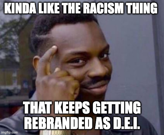 Smart black guy | KINDA LIKE THE RACISM THING THAT KEEPS GETTING REBRANDED AS D.E.I. | image tagged in smart black guy | made w/ Imgflip meme maker